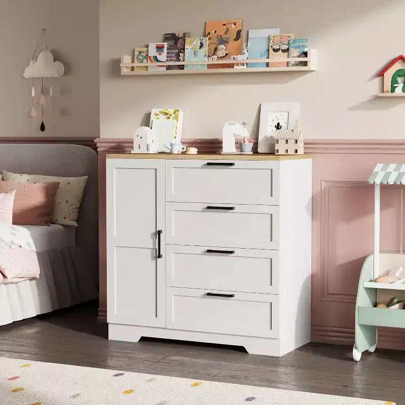 Acekool Armoire penderie en bois, armoire de chambre de 110 cm de haut avec 4 tiroirs, porte, tringle à vêtements, organisateur de rangement
