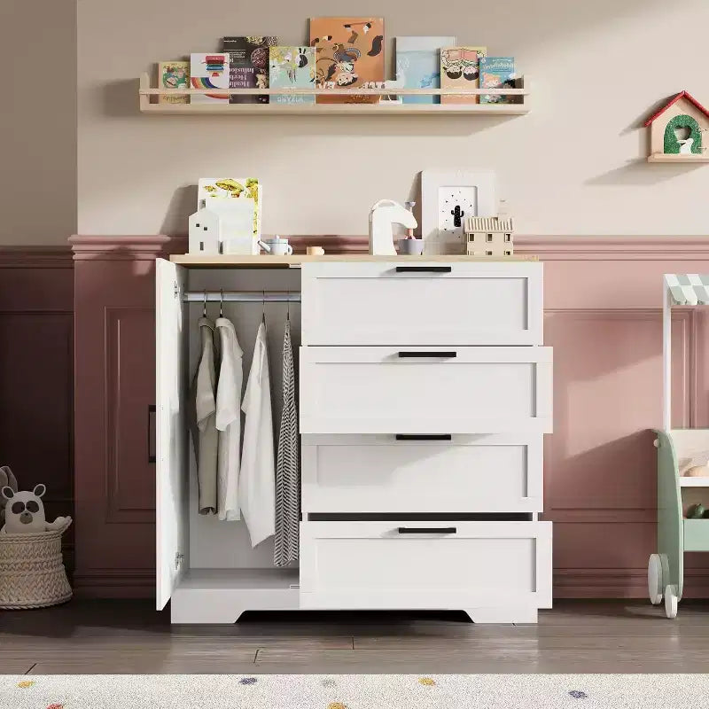 Acekool Armoire penderie en bois, armoire de chambre de 110 cm de haut avec 4 tiroirs, porte, tringle à vêtements, organisateur de rangement