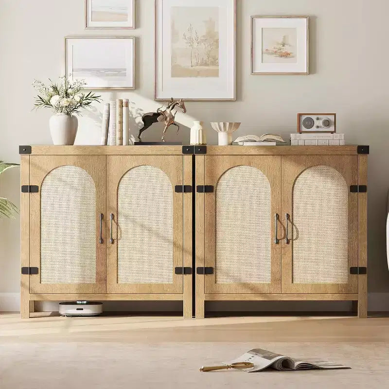 Buffet avec armoire de rangement à accents de rotin, buffet avec étagères réglables, armoire de rangement avec portes en rotin synthétique pour salon, salle à manger