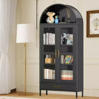 Armoire de rangement en métal arquée de 73", Armoire de cuisine avec portes en verre, Vitrine autoportante pour collections, Bibliothèque polyvalente avec tiroir