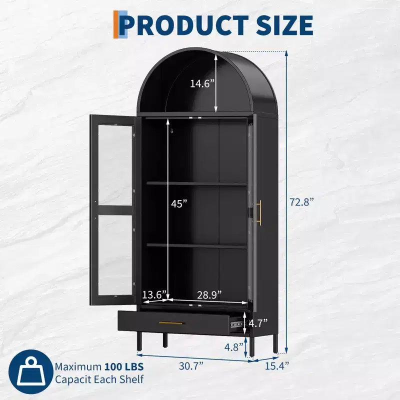 Armoire de rangement en métal arquée de 73", Armoire de cuisine avec portes en verre, Vitrine autoportante pour collections, Bibliothèque polyvalente avec tiroir