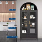Armoire de rangement en métal arquée de 73", Armoire de cuisine avec portes en verre, Vitrine autoportante pour collections, Bibliothèque polyvalente avec tiroir