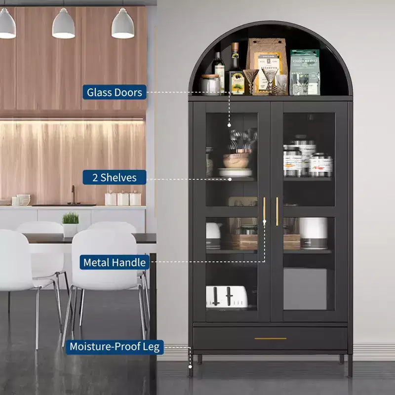 Armoire de rangement en métal arquée de 73", Armoire de cuisine avec portes en verre, Vitrine autoportante pour collections, Bibliothèque polyvalente avec tiroir