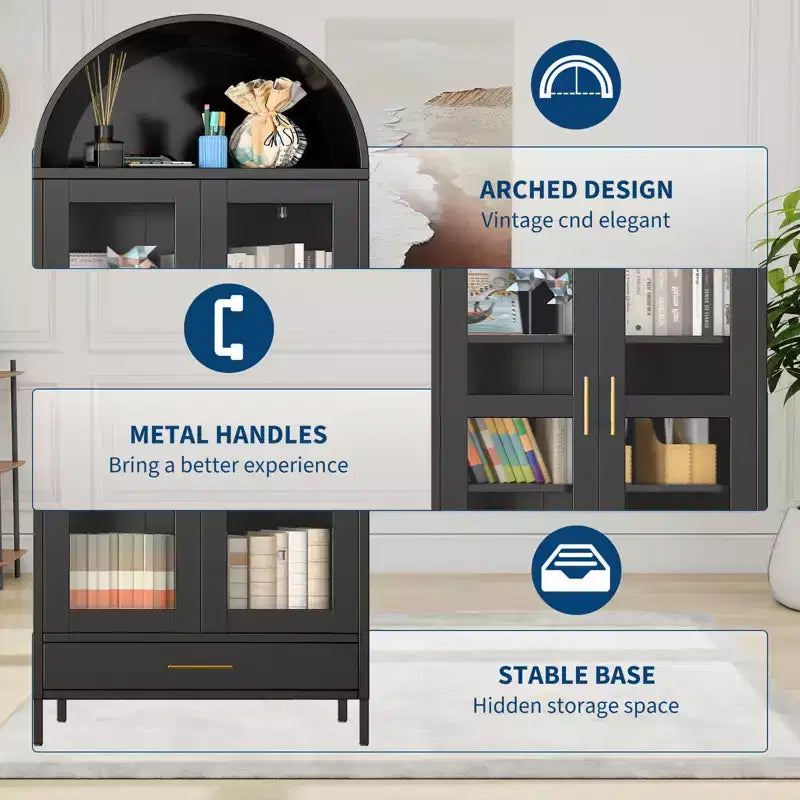 Armoire de rangement en métal arquée de 73", Armoire de cuisine avec portes en verre, Vitrine autoportante pour collections, Bibliothèque polyvalente avec tiroir