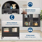 Armoire de rangement en métal arquée de 73", Armoire de cuisine avec portes en verre, Vitrine autoportante pour collections, Bibliothèque polyvalente avec tiroir