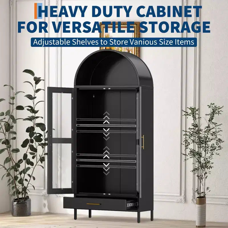 Armoire de rangement en métal arquée de 73", Armoire de cuisine avec portes en verre, Vitrine autoportante pour collections, Bibliothèque polyvalente avec tiroir