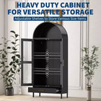 Armoire de rangement en métal arquée de 73", Armoire de cuisine avec portes en verre, Vitrine autoportante pour collections, Bibliothèque polyvalente avec tiroir