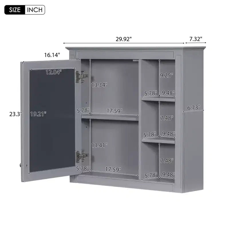 Meuble de salle de bain mural gris de 30x28 pouces avec miroir et 3 étagères ouvertes