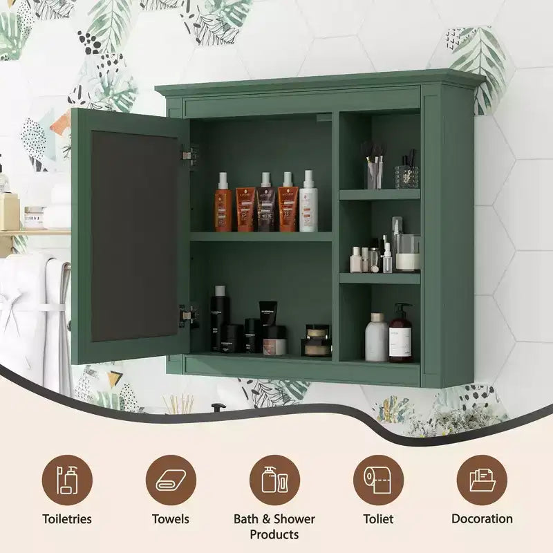 Meuble de salle de bain mural gris de 30x28 pouces avec miroir et 3 étagères ouvertes