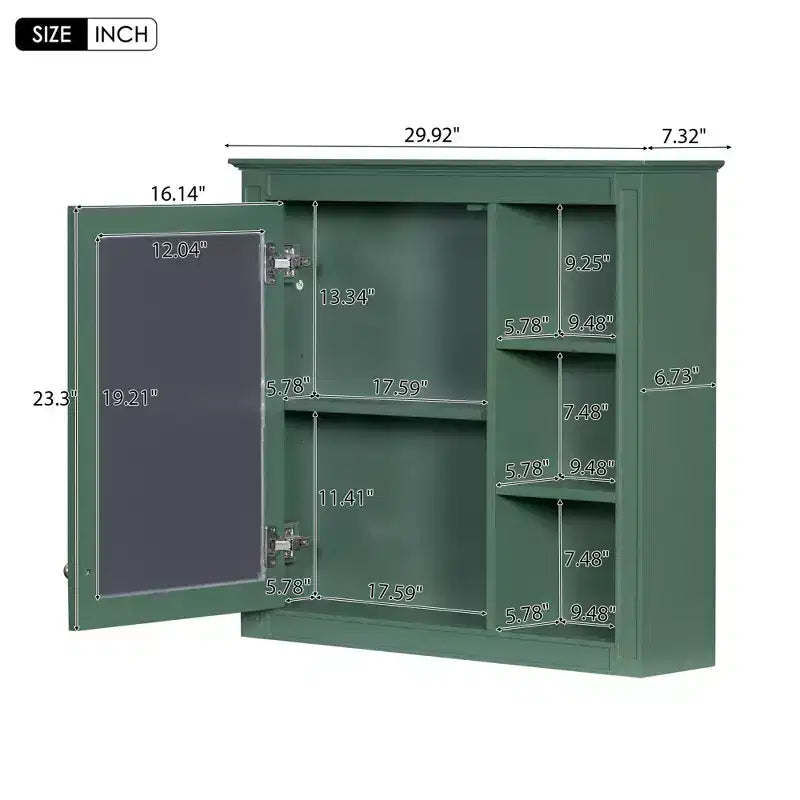 Meuble de salle de bain mural gris de 30x28 pouces avec miroir et 3 étagères ouvertes
