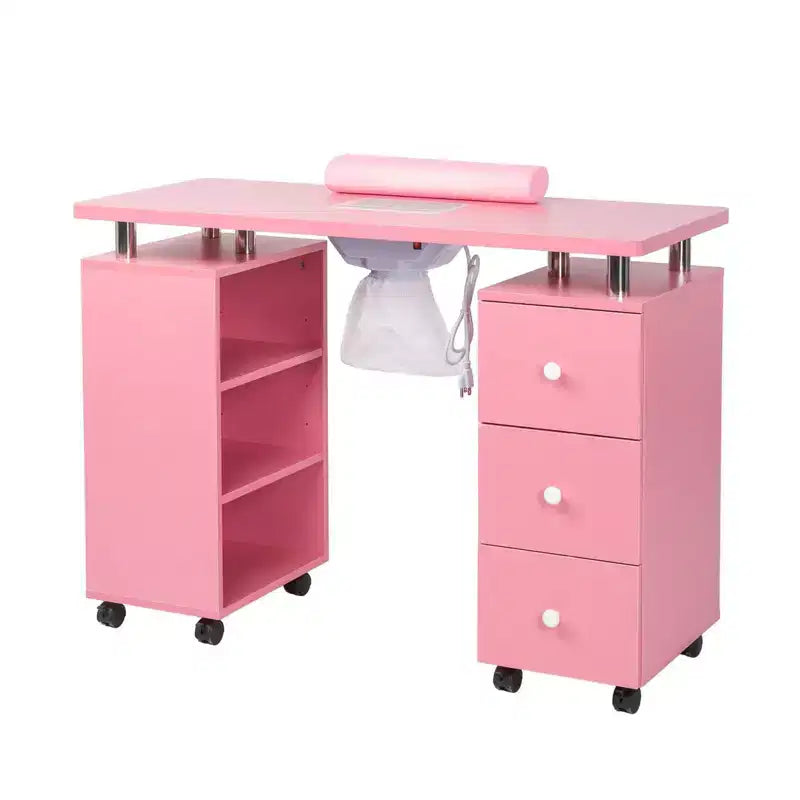 Karlhome Table de manucure de 42,5 po en MDF blanc avec 3 tiroirs, meuble latéral ouvert, portes et collecteur de poussière électrique