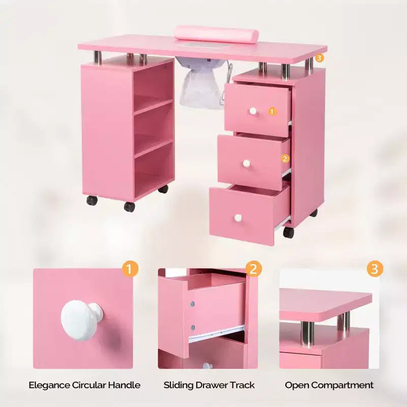 Karlhome Table de manucure de 42,5 po en MDF blanc avec 3 tiroirs, meuble latéral ouvert, portes et collecteur de poussière électrique