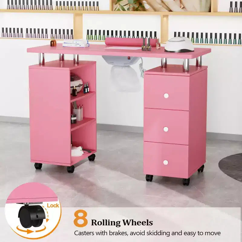 Karlhome Table de manucure de 42,5 po en MDF blanc avec 3 tiroirs, meuble latéral ouvert, portes et collecteur de poussière électrique