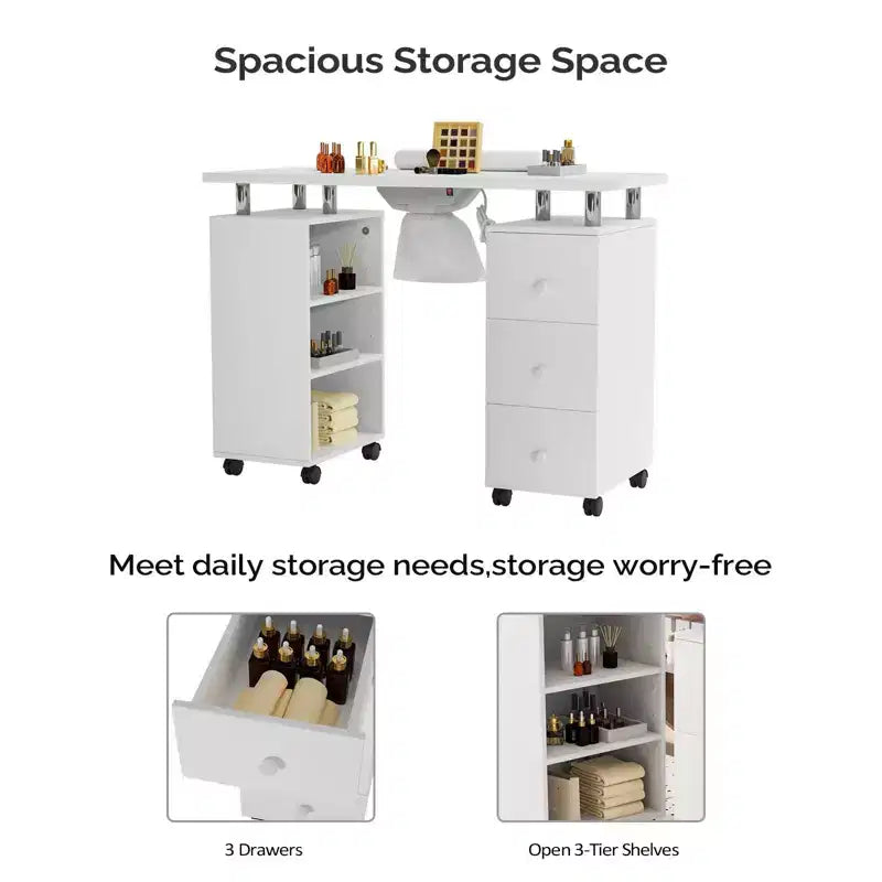 Karlhome Table de manucure de 42,5 po en MDF blanc avec 3 tiroirs, meuble latéral ouvert, portes et collecteur de poussière électrique