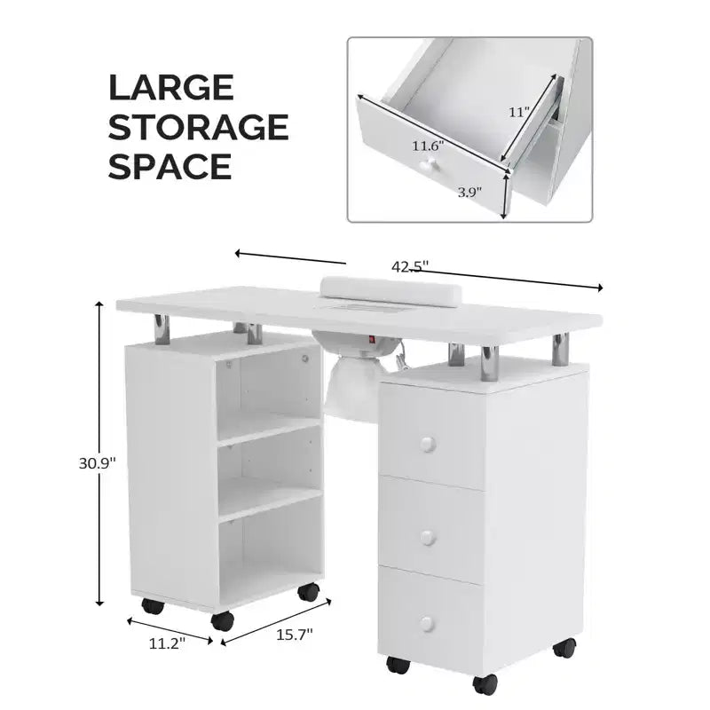 Karlhome Table de manucure de 42,5 po en MDF blanc avec 3 tiroirs, meuble latéral ouvert, portes et collecteur de poussière électrique
