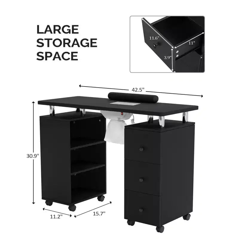 Karlhome Table de manucure de 42,5 po en MDF blanc avec 3 tiroirs, meuble latéral ouvert, portes et collecteur de poussière électrique