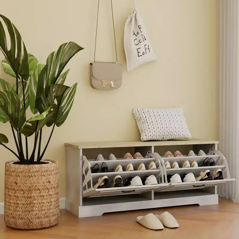 AndMakers Meuble à chaussures blanc antique de 45 cm H x 105 cm L avec 2 tiroirs basculants et une étagère réglable