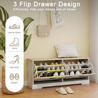 AndMakers Meuble à chaussures blanc antique de 45 cm H x 105 cm L avec 2 tiroirs basculants et une étagère réglable