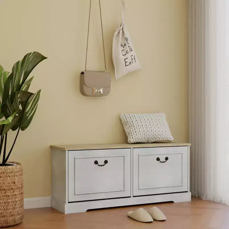 AndMakers Meuble à chaussures blanc antique de 45 cm H x 105 cm L avec 2 tiroirs basculants et une étagère réglable