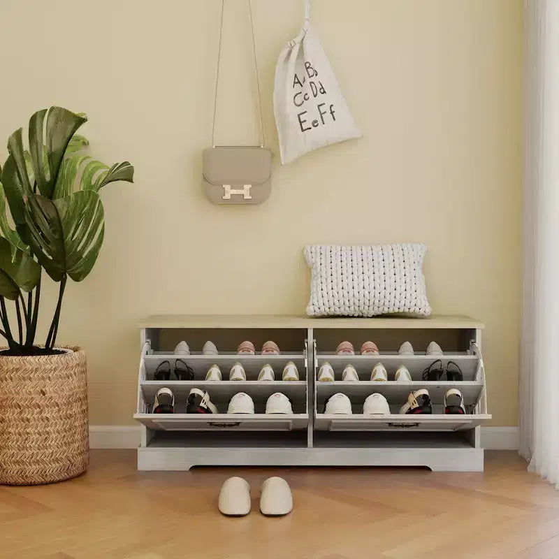 AndMakers Meuble à chaussures blanc antique de 45 cm H x 105 cm L avec 2 tiroirs basculants et une étagère réglable