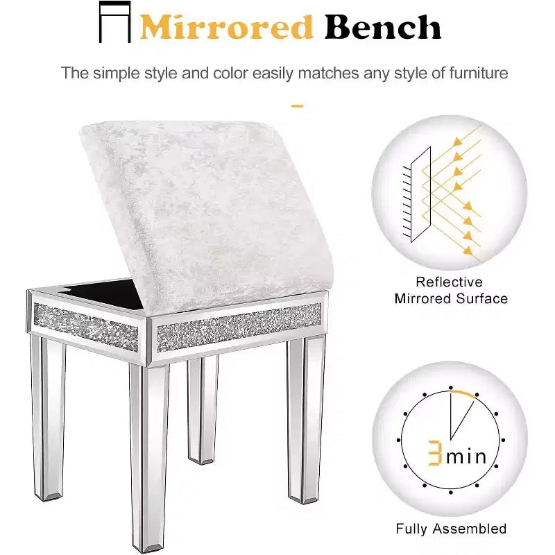 VINGLI Tabouret de coiffeuse miroir avec rangement, ottoman en velours rembourré, banc de table de maquillage, argent