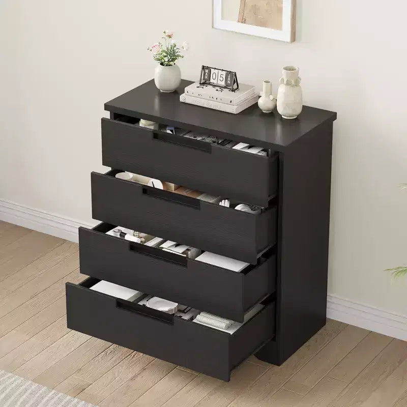 Commode 4 tiroirs pour chambre, table de chevet noire avec poignées intégrées, organiseur en bois pour salon, chambre d'enfant, entrée, placard