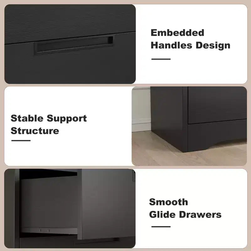 Commode 4 tiroirs pour chambre, table de chevet noire avec poignées intégrées, organiseur en bois pour salon, chambre d'enfant, entrée, placard