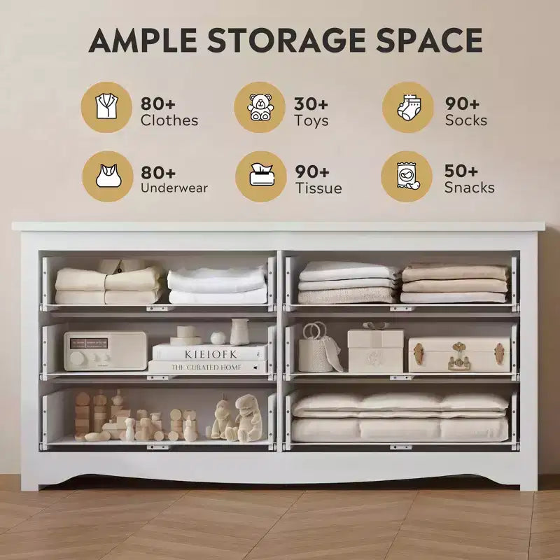 DEXYLLO Commode de Rangement Moderne à 6 Tiroirs, Grande Commode en Bois pour Chambre ou Salon, Meuble de Rangement Long, Armoire Blanche de 150 cm