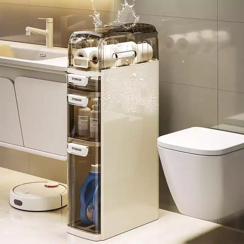 Meuble de salle de bain 7 étagères ultra étroit avec roues et tiroirs - Organisateur de rangement latéral pour toilettes de salle de bain/cuisine (blanc et gris)