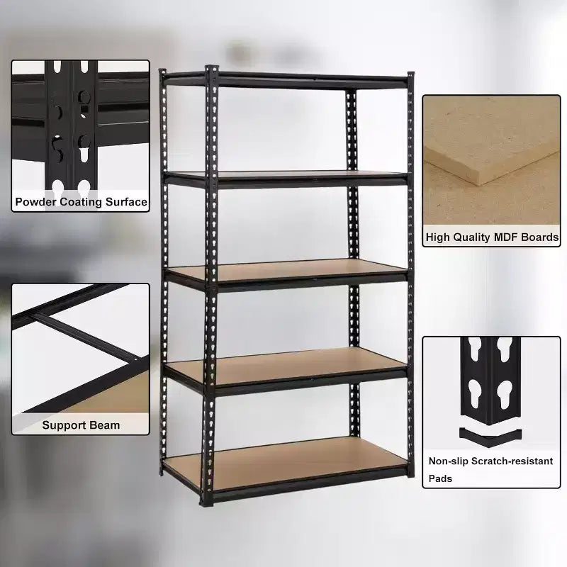 Acekool Étagères de Rangement pour Garage 5 Niveaux Robustes, Étagère Métallique Réglable, Capacité de Charge 1750 kg, 122 x 46 x 185 cm, Noir