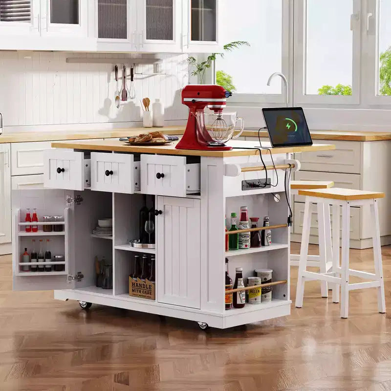 CLIHOME 53 Grand îlot de cuisine avec abattant, support de rangement interne de porte, chariot de cuisine roulant sur 5 roulettes avec 5 étagères latérales ouvertes