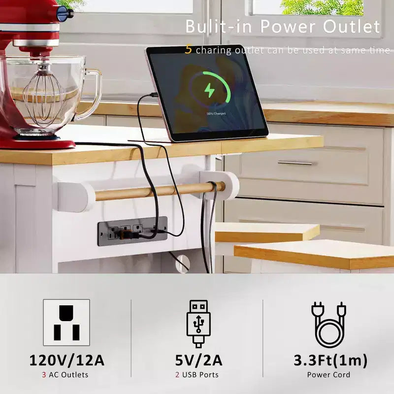 CLIHOME 53 Grand îlot de cuisine avec abattant, support de rangement interne de porte, chariot de cuisine roulant sur 5 roulettes avec 5 étagères latérales ouvertes