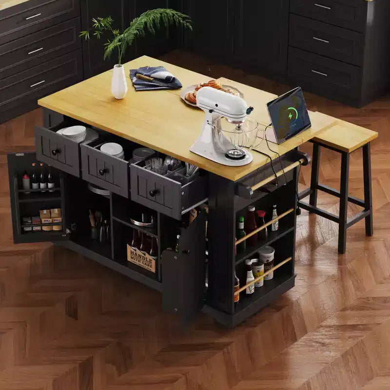 CLIHOME 53 Grand îlot de cuisine avec abattant, support de rangement interne de porte, chariot de cuisine roulant sur 5 roulettes avec 5 étagères latérales ouvertes