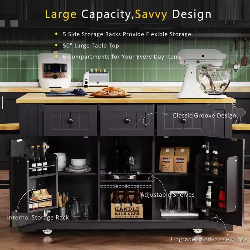 CLIHOME 53 Grand îlot de cuisine avec abattant, support de rangement interne de porte, chariot de cuisine roulant sur 5 roulettes avec 5 étagères latérales ouvertes