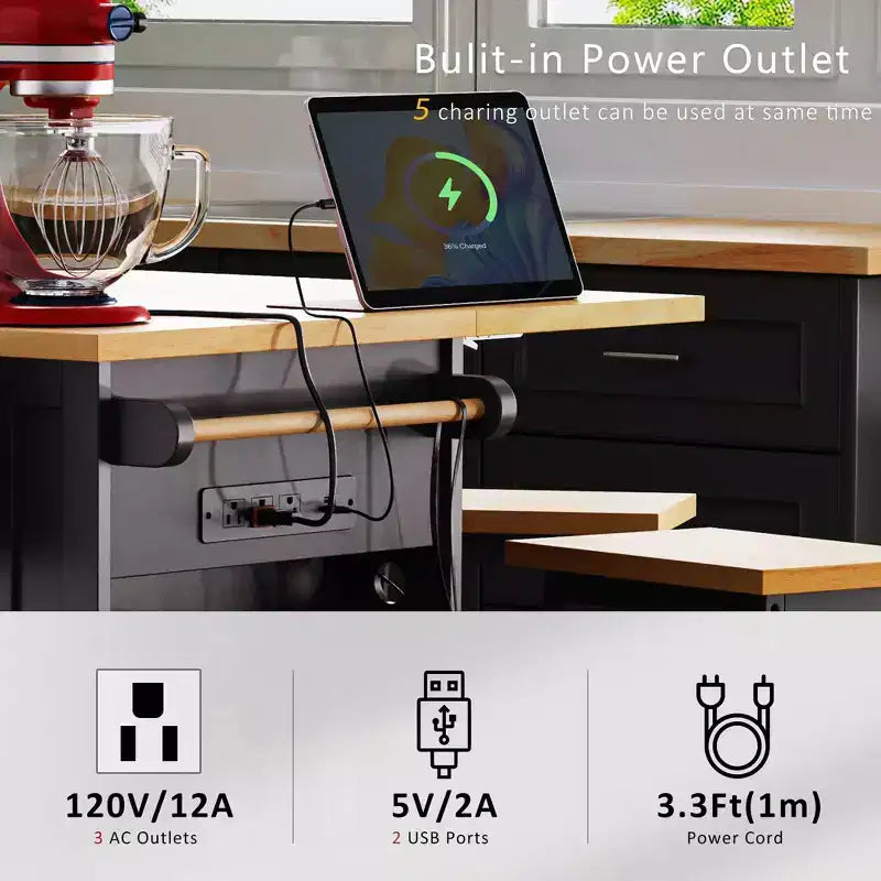 CLIHOME 53 Grand îlot de cuisine avec abattant, support de rangement interne de porte, chariot de cuisine roulant sur 5 roulettes avec 5 étagères latérales ouvertes