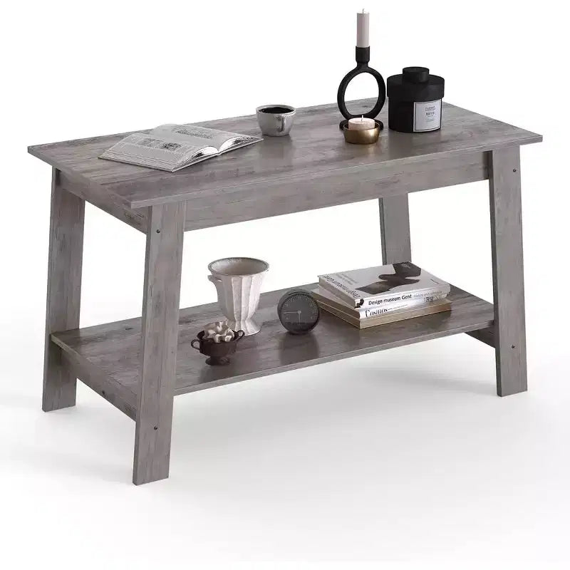 Table basse de ferme moderne avec étagère de rangement, table centrale rectangulaire à 2 niveaux en bois pour le salon et le bureau à domicile