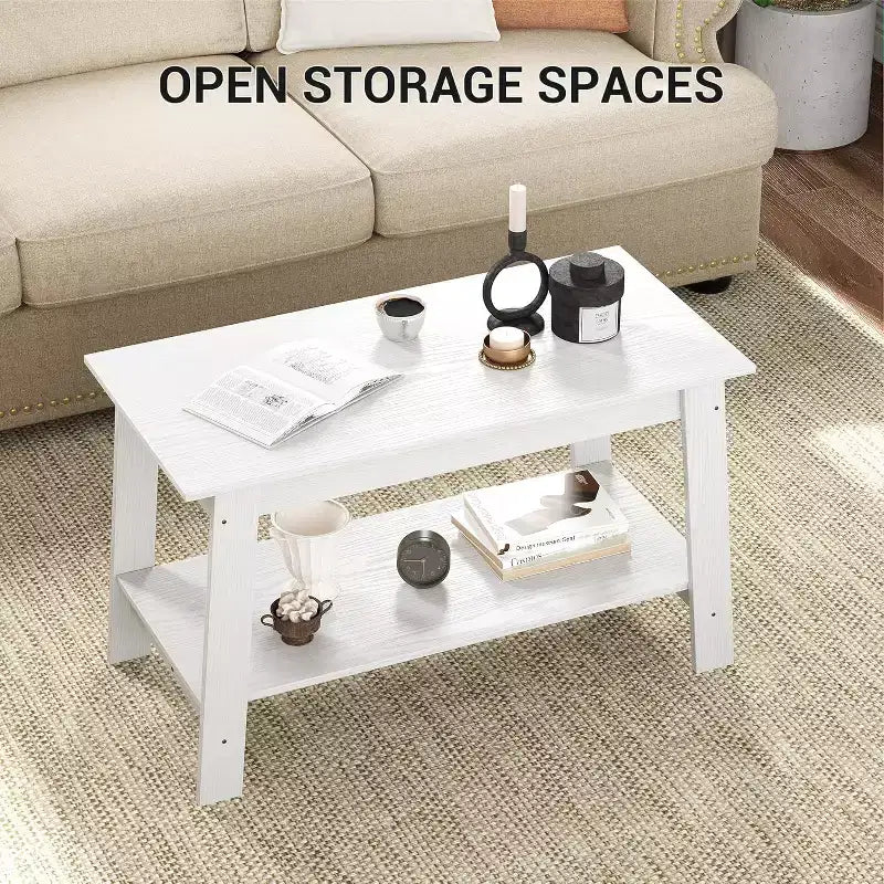 Table basse de ferme moderne avec étagère de rangement, table centrale rectangulaire à 2 niveaux en bois pour le salon et le bureau à domicile