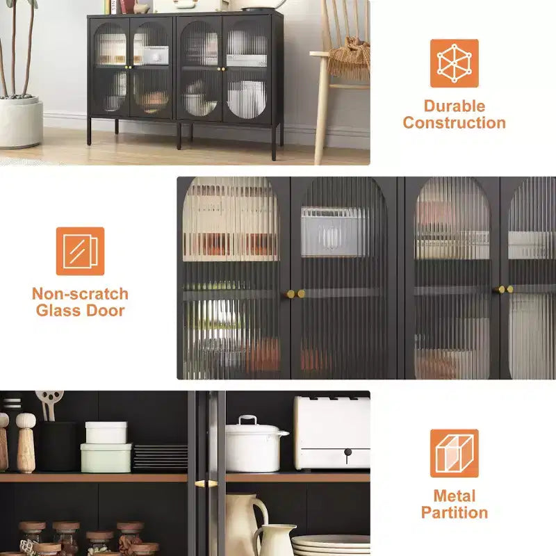 Okak Buffet Cabinet with Storage, Tall Sideboard with Glass Doors & Adjustable Shelves, Pantry Cabinet Cupboard for Kitchen Dining Room