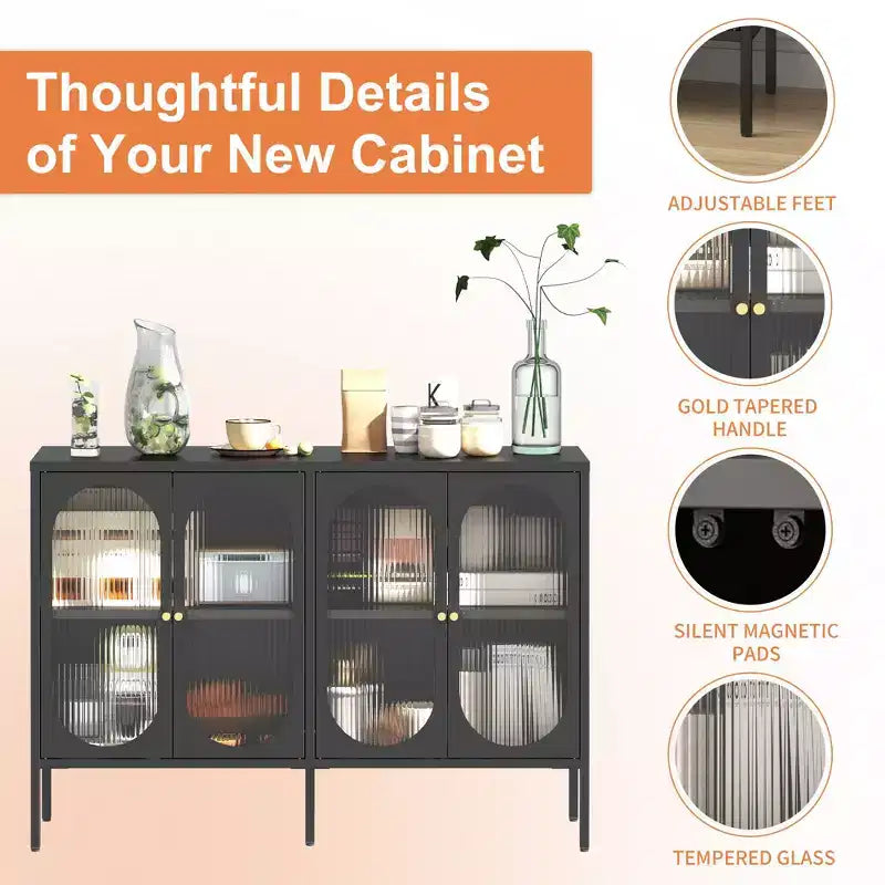 Okak Buffet Cabinet with Storage, Tall Sideboard with Glass Doors & Adjustable Shelves, Pantry Cabinet Cupboard for Kitchen Dining Room