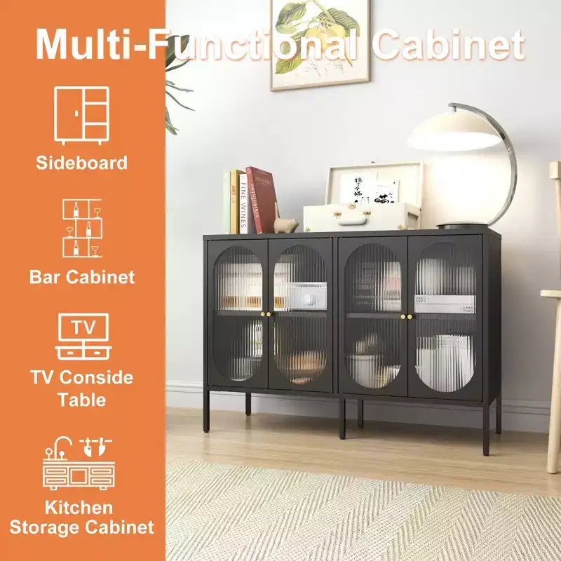 Okak Buffet Cabinet with Storage, Tall Sideboard with Glass Doors & Adjustable Shelves, Pantry Cabinet Cupboard for Kitchen Dining Room