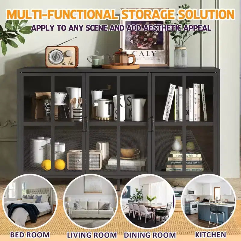 Okak Buffet Cabinet with Storage, Tall Sideboard with Glass Doors & Adjustable Shelves, Pantry Cabinet Cupboard for Kitchen Dining Room