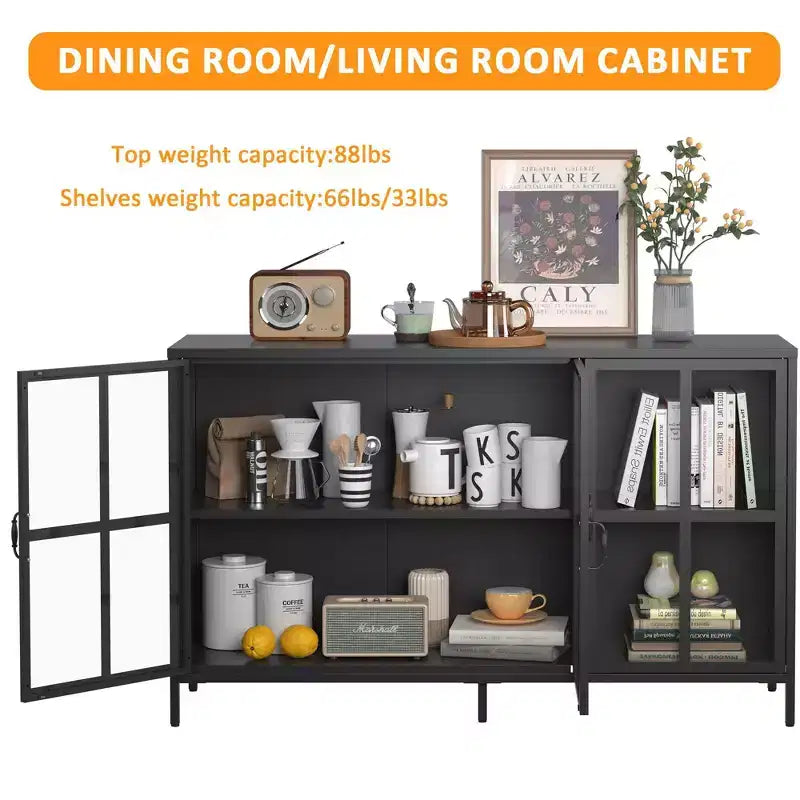 Okak Buffet Cabinet with Storage, Tall Sideboard with Glass Doors & Adjustable Shelves, Pantry Cabinet Cupboard for Kitchen Dining Room