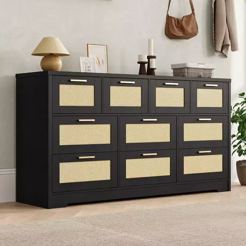 Commode en rotin à 10 tiroirs 152 x 41 x 81 cm Meuble TV en bois Grand plateau Poignées élégantes pour chambre, salon, couloir