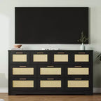 Commode en rotin à 10 tiroirs 152 x 41 x 81 cm Meuble TV en bois Grand plateau Poignées élégantes pour chambre, salon, couloir