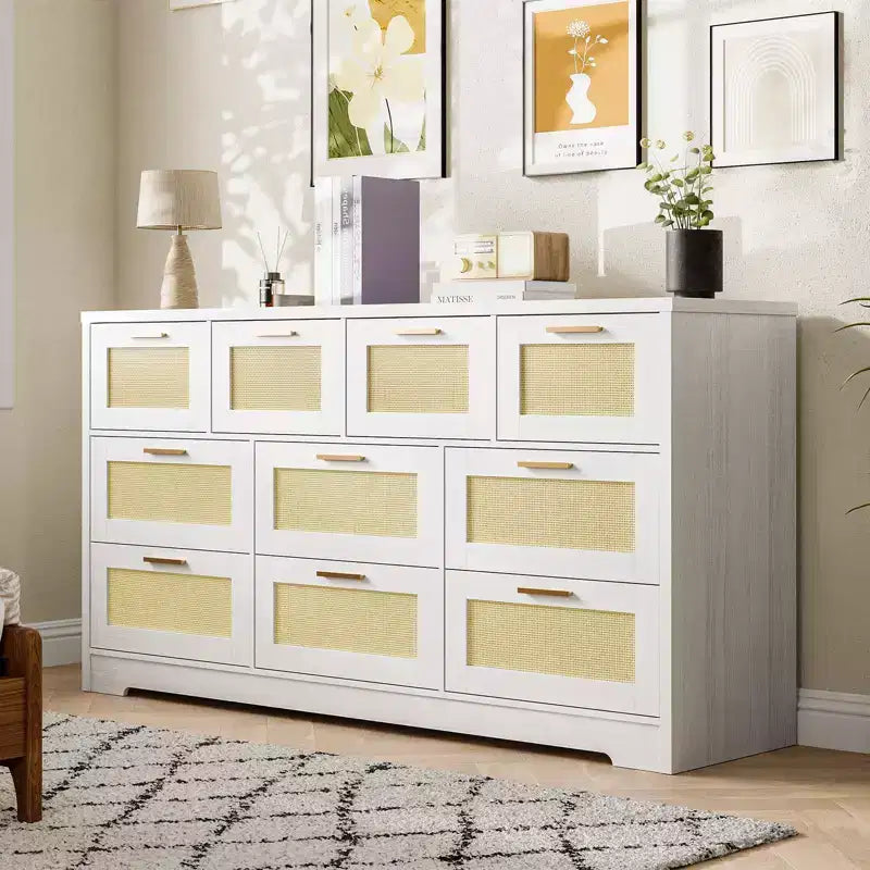 Commode en rotin à 10 tiroirs 152 x 41 x 81 cm Meuble TV en bois Grand plateau Poignées élégantes pour chambre, salon, couloir