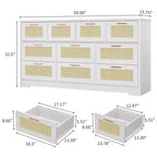Commode en rotin à 10 tiroirs 152 x 41 x 81 cm Meuble TV en bois Grand plateau Poignées élégantes pour chambre, salon, couloir