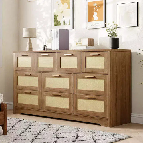 Commode en rotin à 10 tiroirs 152 x 41 x 81 cm Meuble TV en bois Grand plateau Poignées élégantes pour chambre, salon, couloir