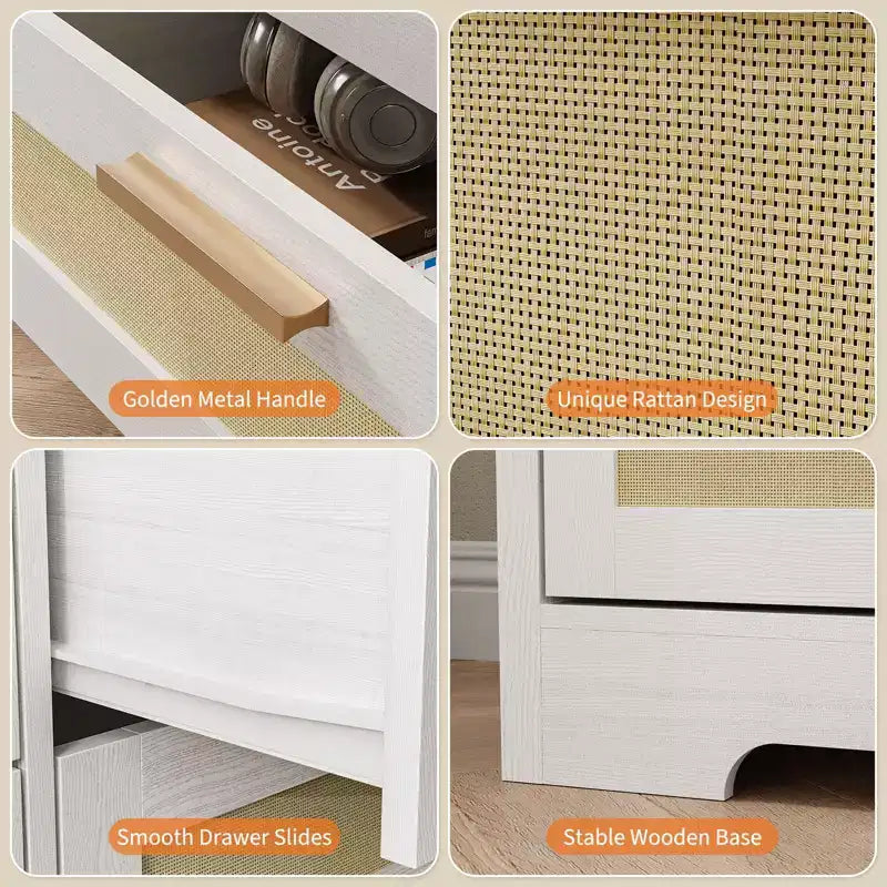 Commode en rotin à 10 tiroirs 152 x 41 x 81 cm Meuble TV en bois Grand plateau Poignées élégantes pour chambre, salon, couloir