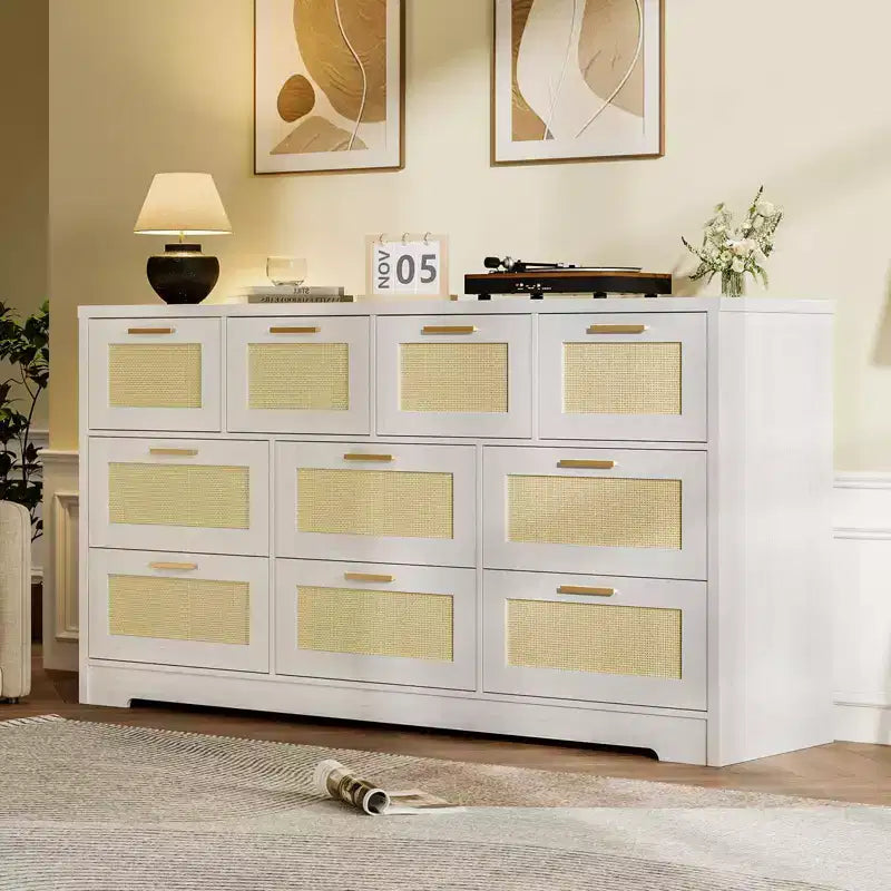 Commode en rotin à 10 tiroirs 152 x 41 x 81 cm Meuble TV en bois Grand plateau Poignées élégantes pour chambre, salon, couloir