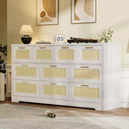 Commode en rotin à 10 tiroirs 152 x 41 x 81 cm Meuble TV en bois Grand plateau Poignées élégantes pour chambre, salon, couloir